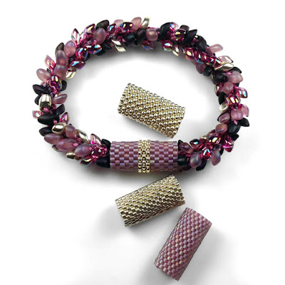 Peyote Stitch Sleeves for Kumihimo Bracelet with Long Magatamas & C-Lon Tex 400 Bead Cord