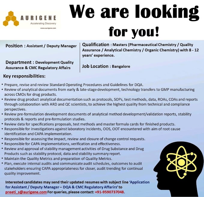 AURIGENE - Bangalore location Hiring for Assistant & Deputy Manager positions in 2021.