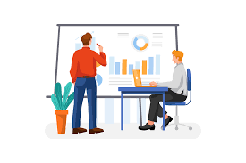Two people working together on a presentation, using a whiteboard.
