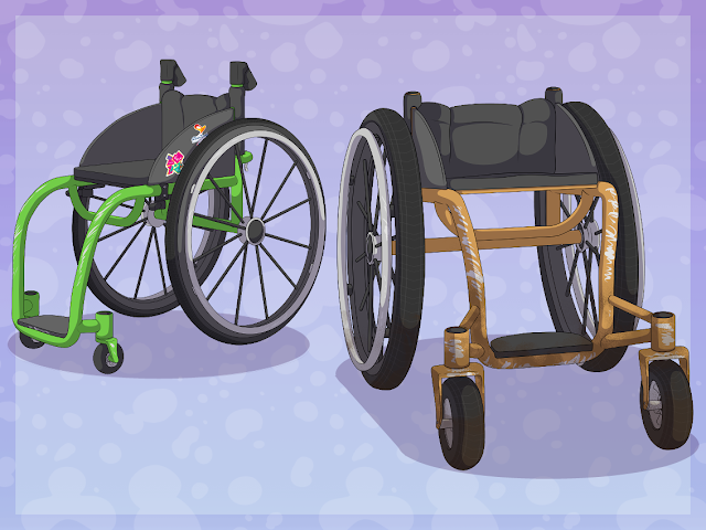 An illustration of two wheelchairs side by side, one green and one orange in front of an abstract blue and purple background.