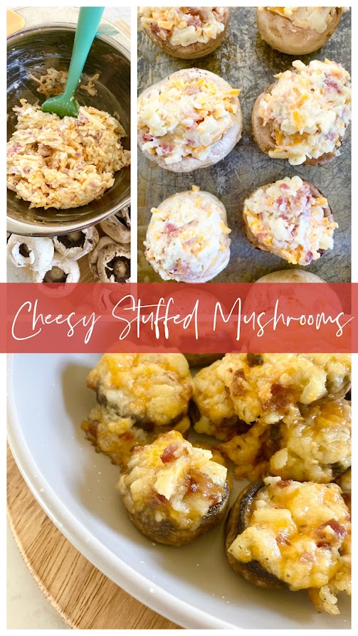 Collage of stuffed mushrooms....stainless steel bowl of cheese stuffing, mushrooms lined up on a tray and stuffed mushrooms plated in a grey bowl.