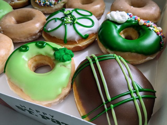 Close-up of Krispy Kreme's 2024 St. Patrick's Day Donuts.