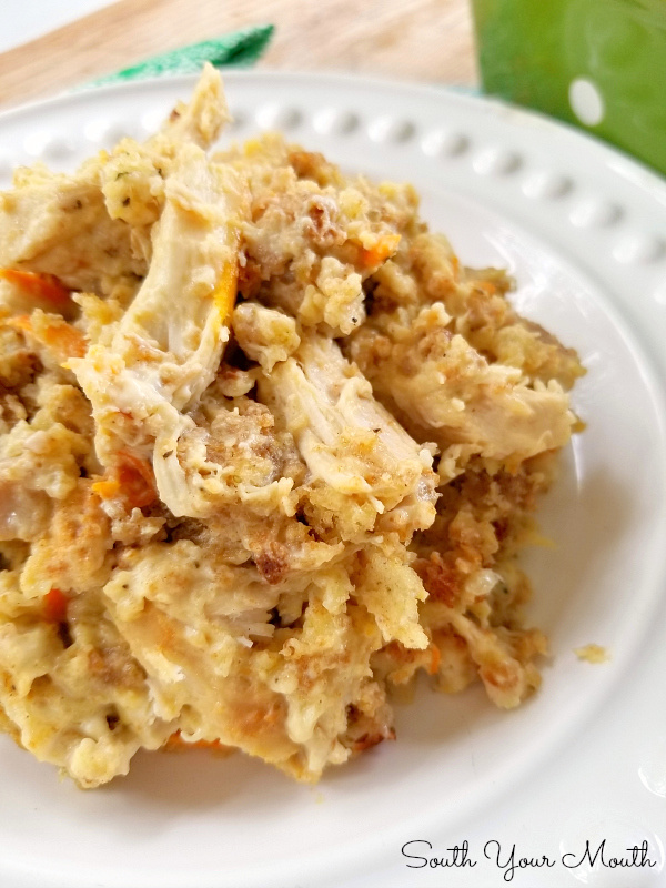 Chicken & Stuffing Casserole! A simple casserole recipe with chicken and Pepperidge Farm stuffing mixed with an easy, creamy gravy then baked until golden.