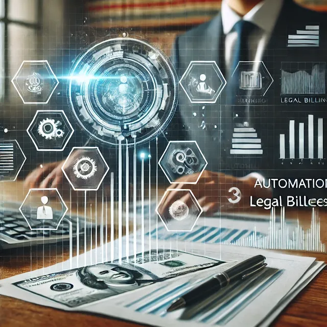 A modern digital interface displaying automated legal billing processes in a professional legal office setting