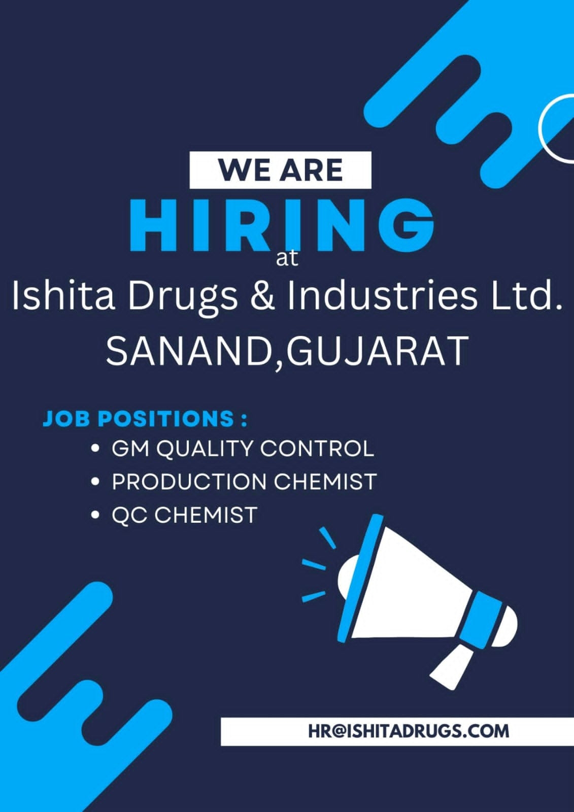 Job Available, Job Vacancy At Ishita Drugs & Industries Ltd. SANAND, GUJARAT