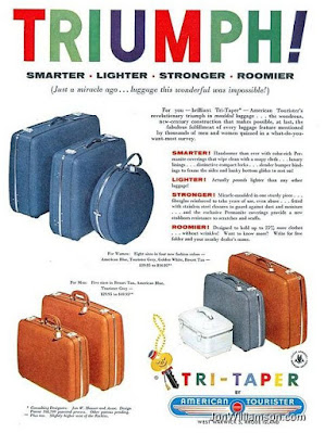 an American Tourister advertisement from 1955 showing tri-taper hard-sided plastic luggage in several colors and styles. colorful text at the top states "TRIUMPH"