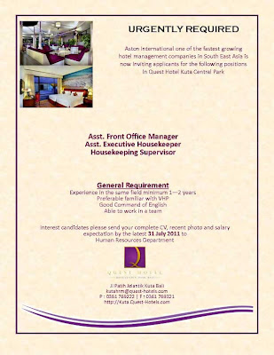 Quest Hotel Jobs Vacancy in Bali