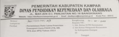 Permintaan Data Calon Penerima Transport Guru PAUD (TK, KB, TPA dan SPS) Tahun 2023