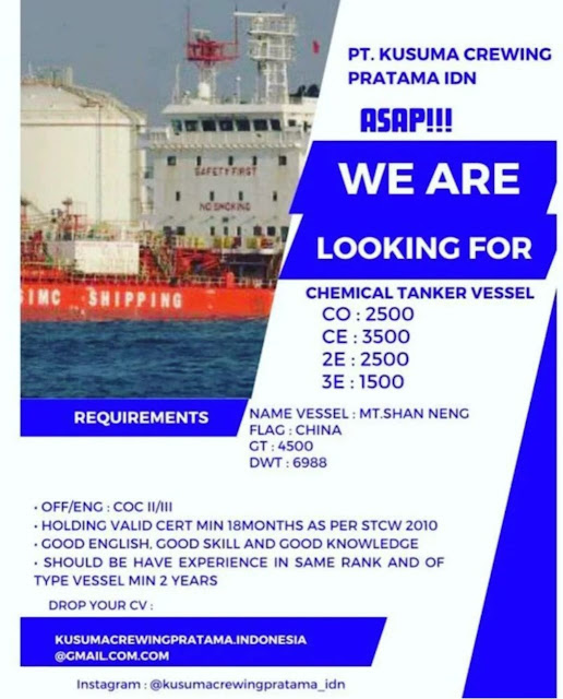 Lowongan Kerja Pelaut Chemical Tanker & General Cargo 2023