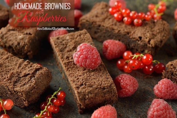 Chocolate brownies with raspberries and currants