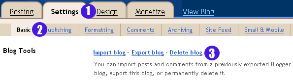 Blogger Settings tab Delete Blog
