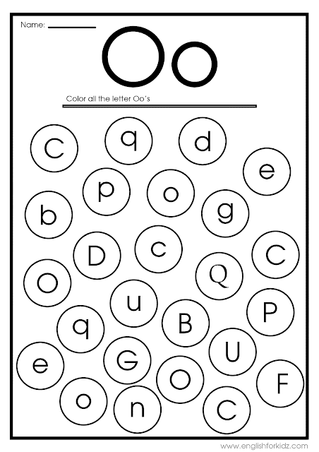 Find letter O worksheet -- printable ESL materials to teach English alphabet