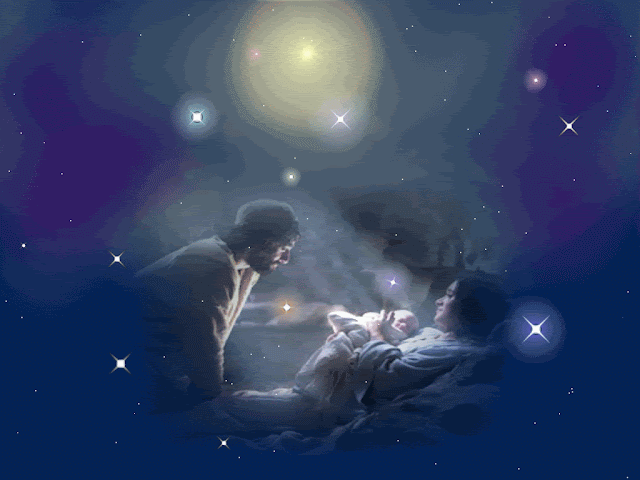 Glitter gif image of new born baby Jesus with mother Mary