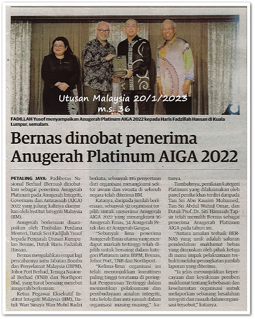 Bernas dinobat penerima Anugerah Platinum AIGA 2022 - Keratan akhbar Utusan Malaysia 20 Januari 2023