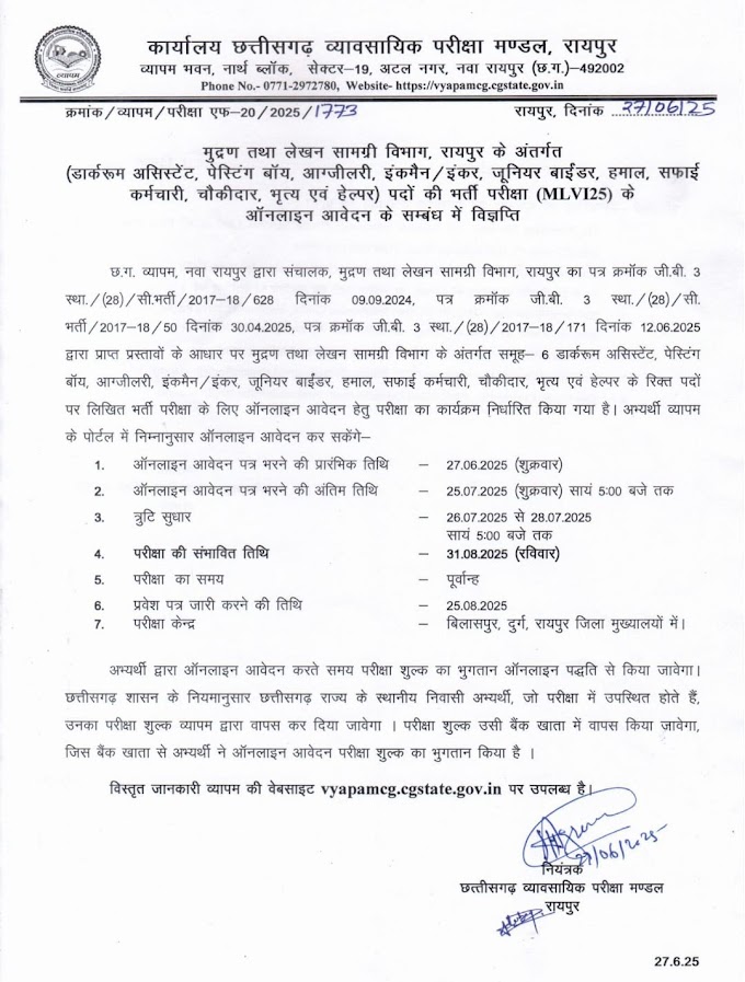 मुद्रण तथा लेखन सामग्री विभाग रायपुर भर्ती 2025 | MLVI25 Apply Online for Helper, Inkman, चौकीदार & Other Posts