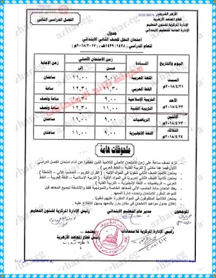 جدول امتحانات الازهر الابتدائية 2018 الترم الثاني أخر العام