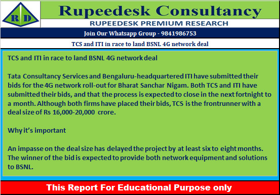 TCS and ITI in race to land BSNL 4G network deal - Rupeedesk Reports - 24.11.2022