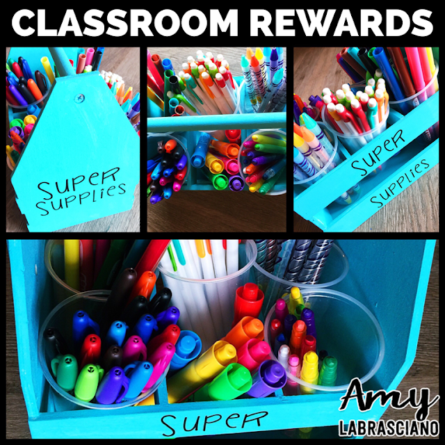 Super Supplies for the classroom.  Engage students with a simple DIY caddy that sure to win over students. Perfect for behavior and academic incentives.  Store your crayons,markes, and pencils. {elementary, homeschool, first, second, third, fourth, fifth grade, 1st, 2nd, 3rd, 4th, 5th}