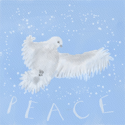 Image is square and shows a white watercolour dove about to land on the isy hand-painted in white word Peace, against a blue watercolour sky, The bird is framed by white watercolour splashes.