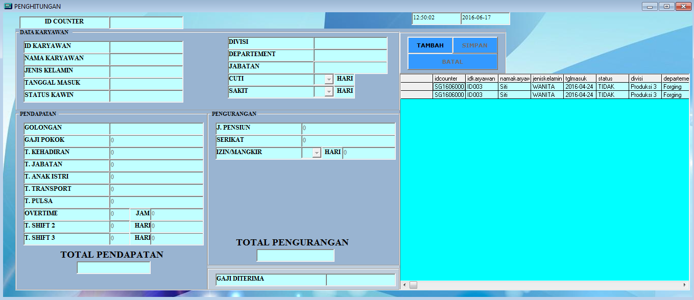 Contoh Program Aplikasi Penggajian Karyawan PT HOYAMA 