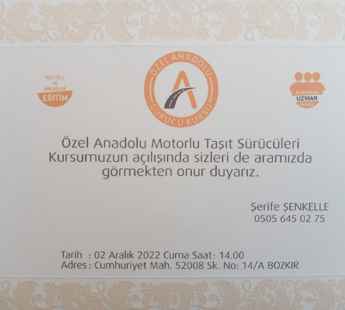 Bozkır'da Özel Anadolu Motorlu Taşıt Sürücüleri Kursu hizmete açılıyor. 