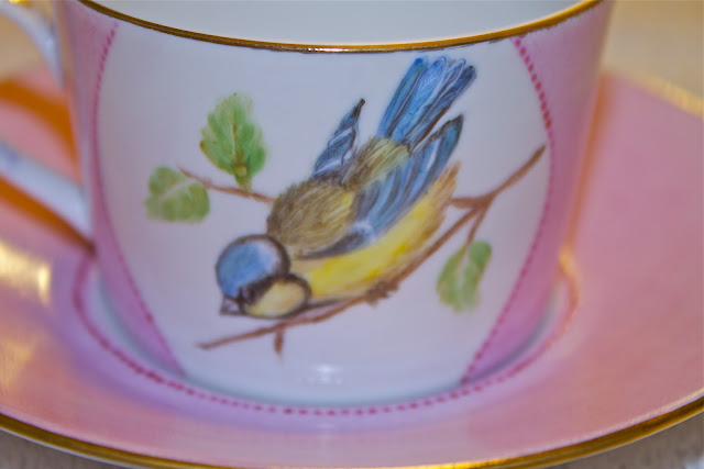china, porcelain, tea cup, hand painted, birds, blue tit