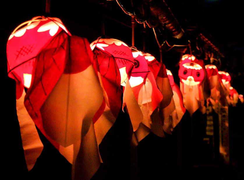 Goldfish lanterns strung along a street of historic buildings in Yanai, Yamaguchi.