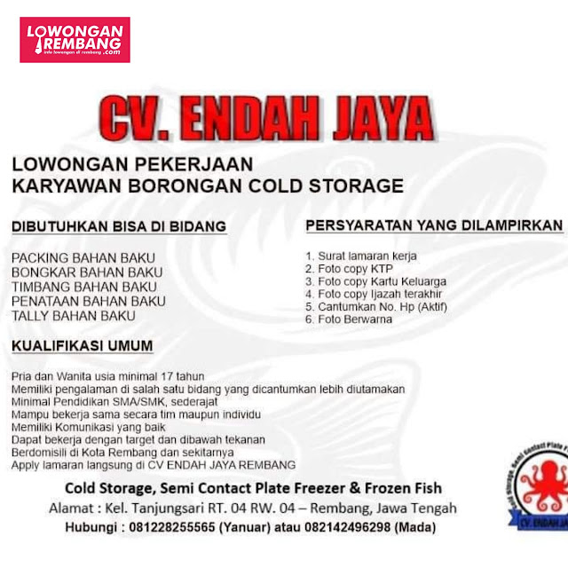 Lowongan Kerja Karyawan Borongan Cold Storage CV Endah Jaya Rembang
