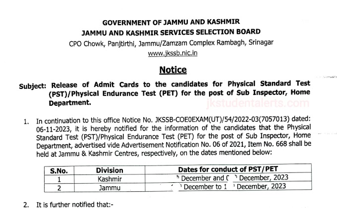 JKSSB Sub-Inspector (Home) PST/PET Admit Card Notice 2023: Important Update for Candidates
