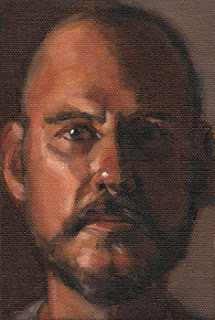 Oil painting of a bald, bearded man.