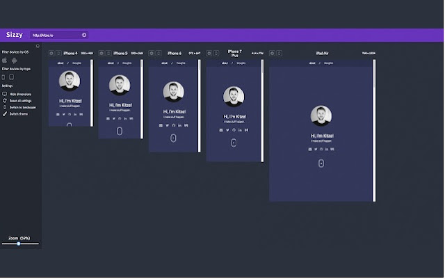 Pre visualización de Sizzy con 5 pantallas de telefonos moviles