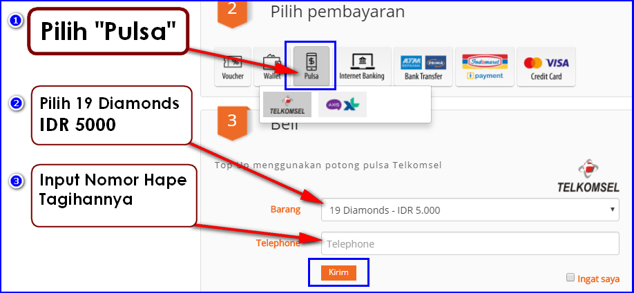 Cara Beli Diamond Mobile Legends Murah Mulai 5 Ribu di UniPin -  Hallo gamers, kali jumpa dengan saya di matahaya.com pada pembahasan dan solusi murah meriah membeli diamond mobile legends: BangBang dengan harga yang cukup bersahabat karena kamu bisa membeli diamond mobile legends dengan rentang harga mulai dari Rp 5000,- dan mendapatkan 19 Diamonds.    Wow luar biasa bukan?    Karena jika beli di tempat sebelah kebanyakan IDR 5000 hanya mendapatkan 17 Diamods. Hitung-hitung murah sedikitlah ketimbang yang lainnya.    Berikut Detail Harga dan Diamonds Mobile Legends yang akan didapatkan di UniPin bila membeli dengan Pulsa Seluler.    IDR 5000 - 19 Diamonds IDR 10.000 - 36 Diamonds IDR 20.000 - 74 Diamonds IDR 30.000 - 110 Diamonds IDR 50.000 - 184 Diamonds IDR 60.000 - 220 Diamonds IDR 100.000 - 366 Diamonds IDR 150.000 - 568 Diamonds IDR 300.000 - 1159 Diamonds   Sebenarnya untuk membeli Diamonds Mobile Legends dapat kamu lakukan melalui pembelian dalam aplikasi. Namun umumnya pembelian dalam aplikasi rentang harga yang ditawarkan cenderung lebih besar. Misalnya saja jika kita hanya ingin membeli dengan IDR 5000 di aplikasi pembelian dengan nominal tersebut tidak tersedia.    Lah kalau punya dana yang besar mungkin tidak masalah, tetapi bagi yang ingin cicil kecil-kecil dengan membeli diamonds mobile legends mulai dengan IDR 5000 pasti akan sangat bermanfaat. Selain itu, proses pembelian Diamonds Mobile Legends dengan UniPin diproses sangat cepat.    Jadi tidak perlu menunggu lama, Diamonds yang dibeli akan otomatis masuk ke Akun Mobile Legends kamu.    Sebelum lanjut!    Membeli Diamonds Mobile Legends di UniPin Selain Menggunakan Pulsa Seluler dapat juga dibeli menggunakan: Kartu Kredit, Doku Wallet, Bank Transfer, Indomaret, dan dengan menggunakan Voucher.     Hanya saja nominal pembayaran dimulai dengan rentang harga cukup besar mulai dari IDR 60.000 hingaa IDR 100.000,-    Oleh Karena itu solusi supaya bisa membeli diamonds dengan rentang harga mulai dengan IDR 5000 adalah harus menggunakan metode pembayaran pulsa seluler (saat ini hanya tersedia Telkomsel, XL dan Axis)    Cara Membeli Diamonds Mobile Legends dengan Pulsa Mulai 5 Ribu di UniPin    1. Pertama silakan kalian membuka situs pembelian diamonds mobile legends di UniPin pada link berikut: https://www.unipin.co.id/mobile-legends      2. Silakan Masukkan User ID Mobile Legends teman-teman!    Cara cek ID Mobile Legend, Klik Icon Avatar atau Profil akun di sebelah kiri atas, pada nama akun Mobile Legends.     Catat Kode ID nya masukkan kode ID Mobile Legends teman-teman pada UniPin seperti gambar di bawah ini!    3. Selanjutnya silakan pilih metode pembayaran menggunakan Pulsa! Tentukan harga dan masukkan nomor ponsel untuk tagihan pembelian Diamonds Mobile Legens. Pada contoh ini! Saya menggunakan nomor Telkomsel!    Pilih Jumlah IDR Tagihan pulsa yang diinginkan misalnya IDR 5000. Lalu masukkan juga Nomor Ponsel untuk tagihannya - Lalu silakan pilih "Kirim"       4. Setelah memilih kirim akan muncul menu Pop Up berisi Informasi mengenai USER ID dan USERNAME akun Mobile Legends-nya. Teman-teman harus pastikan semuanya sudah benar kemudian lanjutkan dengan pilih "CONFIRM"      5. Jika sudah memilih "CONFIRM" Langkah selanjutnya silakan selesaikan Transaksi Pembayarannya menggunakan pulsa Seluler dari nomor ponsel yang dimasukkan.     Umumnya akan ada pesan masuk dari nomor "93230" (Silakan ikuti instruksi di SMS)    Jika sukses maka pada web UniPin akan muncul Informasi transaksi telah sukses! Bisa dilihat seperti gambar!       Pada langkah terakhir silakan cek Diamond Mobile Legends teman-teman. Selamat 19 Diamonds sudah sukses ditambahkan melalui pembelian pulsa IDR 5000 - 19 Diamonds.       Selamat bermain MOBA-nya dengan seru, jangan lupa makan dan istarahat. Gunakan dengan bijak Diamond-nya.    Salam...