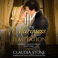 Marquess of Temptation audiobook cover. A Regency couple embrace.