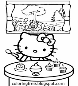 Young ladies baking printable clipart table lovely cupcake Hello Kitty cake coloring sheet for girls
