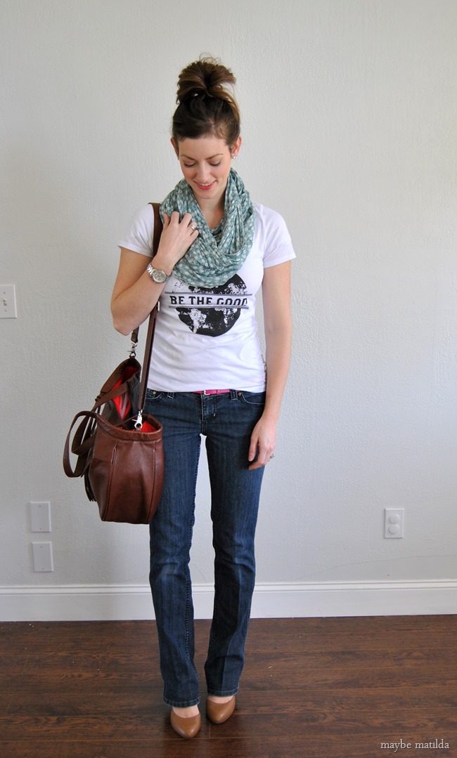 graphic tee + floral scarf +jeans + wedges // www.maybematilda.com