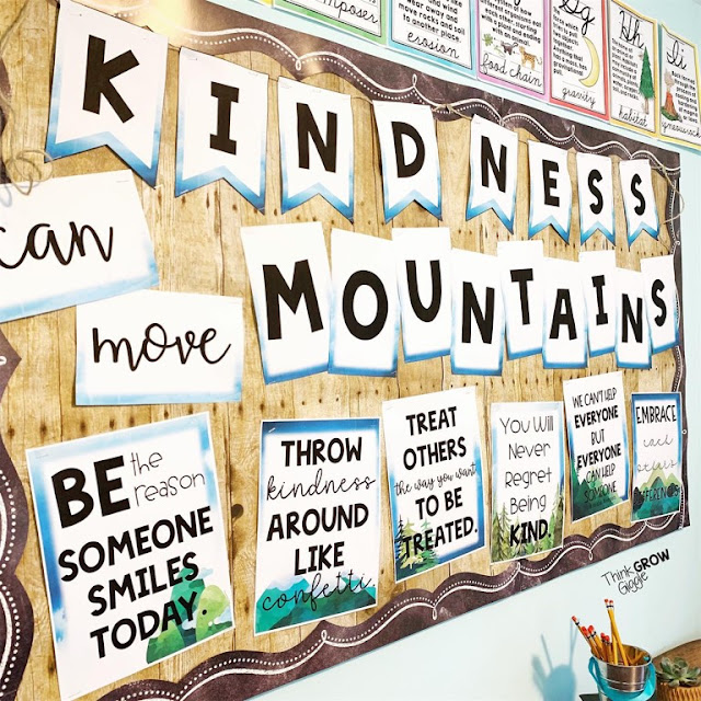 be kind bulletin board display mountain theme