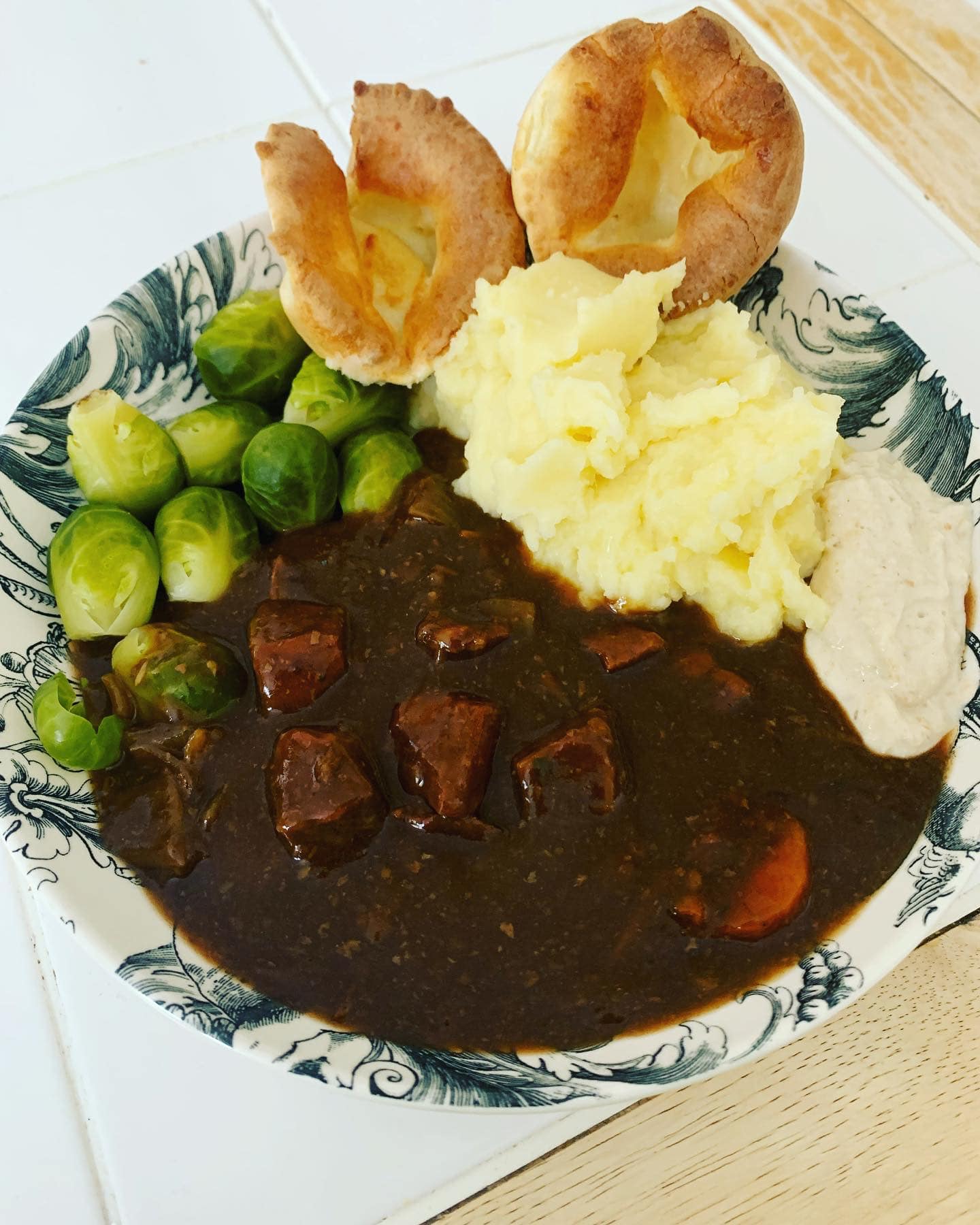 Beef stew, brussels, mash, Yorkshires