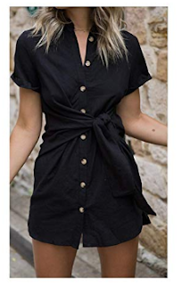 YISUGAR Women's Button Long Shirts Short Sleeve Solid Color Lapel Mini Dress