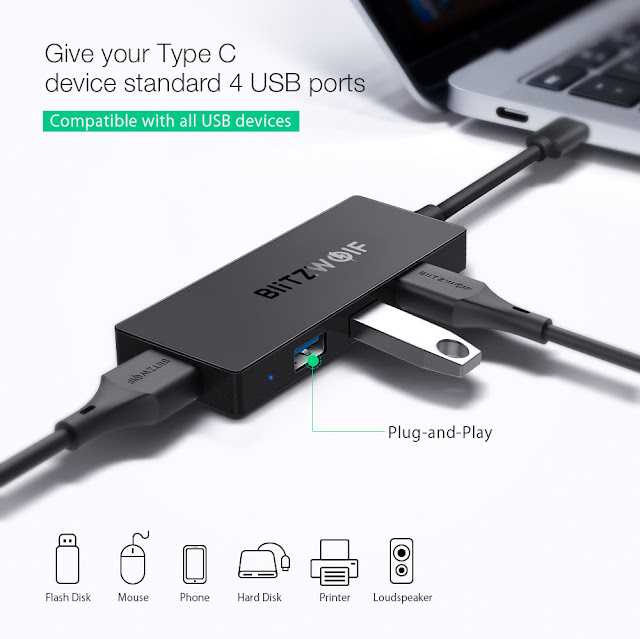 BlitzWolf® BW-TH3 4 in 1 Type-C to 4-Port USB3.0 Data Hub with OTG Function 