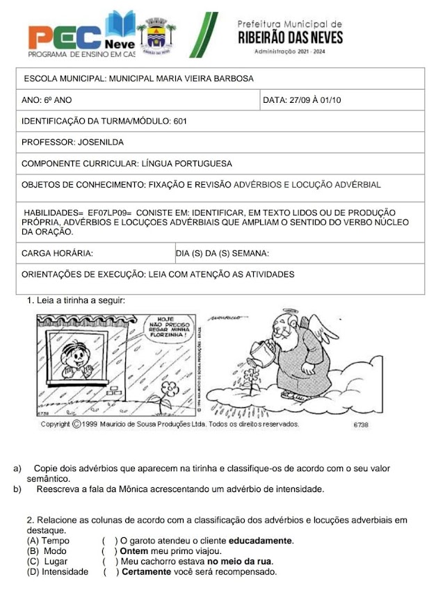 Atividade de Língua Portuguesa 6 Ano - 27/09 a 01/10 -  Professora Josenilda 