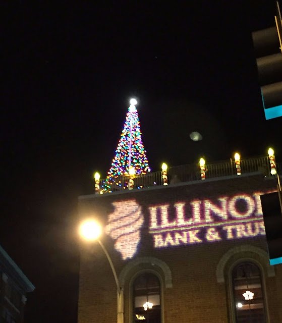 Christmas tree atop a building in downtown Rockford, IL