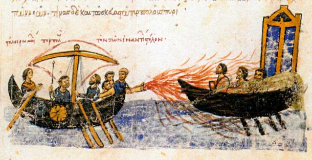 Византийский корабль, использующий греческий огонь против корабля, принадлежащего мятежнику Фоме Славянину, 821 год. Иллюстрация XII века из Мадридских скилиц