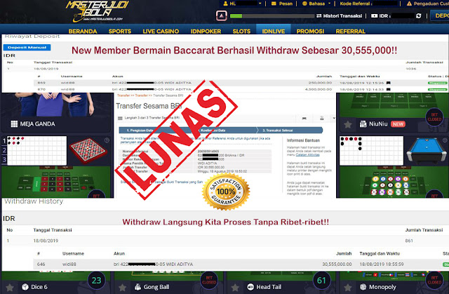 Bukti kemenangan bapak Widi Aditya di permainan baccarat dengan total withdraw 30,555,000.00