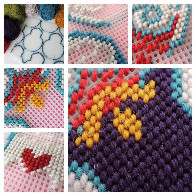 Collage of tent stitches on plastic canvas, building up the motif colour by colour