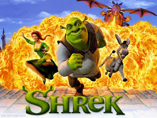 Shrek, Fiona and the donkey running from an explosion