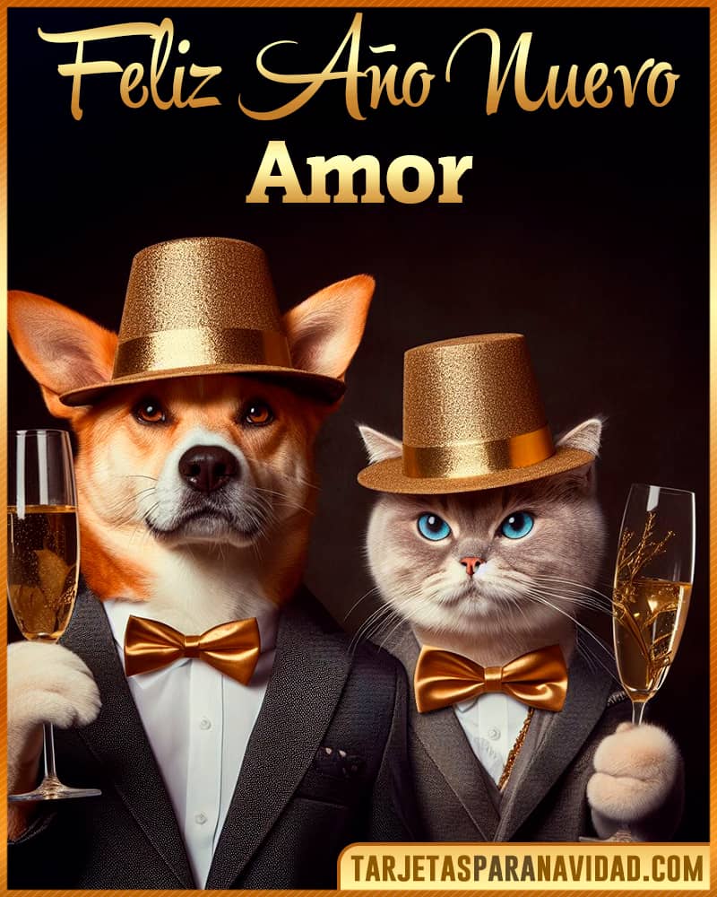 Tarjeta De Feliz Año Nuevo De Perro Y Gato Para Amor