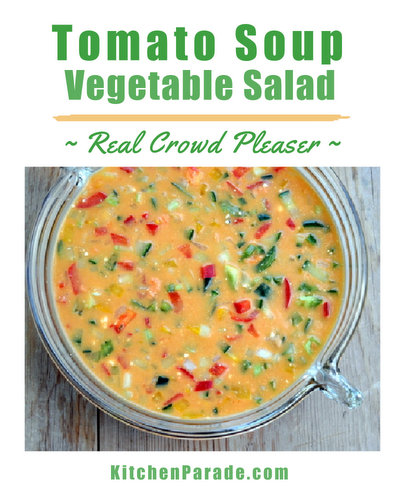 Tomato Soup Vegetable Salad ♥ KitchenParade.com, a retro salad updated from the 1960s. Great crunch, a real crowd pleaser.