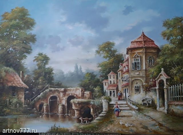Картина Пейзаж с мостом и набережной