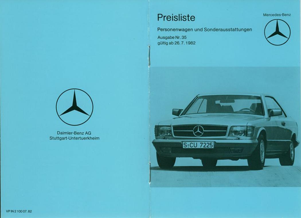 Mercedes-Benz Baureihe 107 123 126 Preisliste 07/1982 Nr. 35