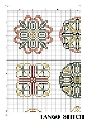 Green pink yellow cross stitch ornaments sampler pattern - Tango Stitch
